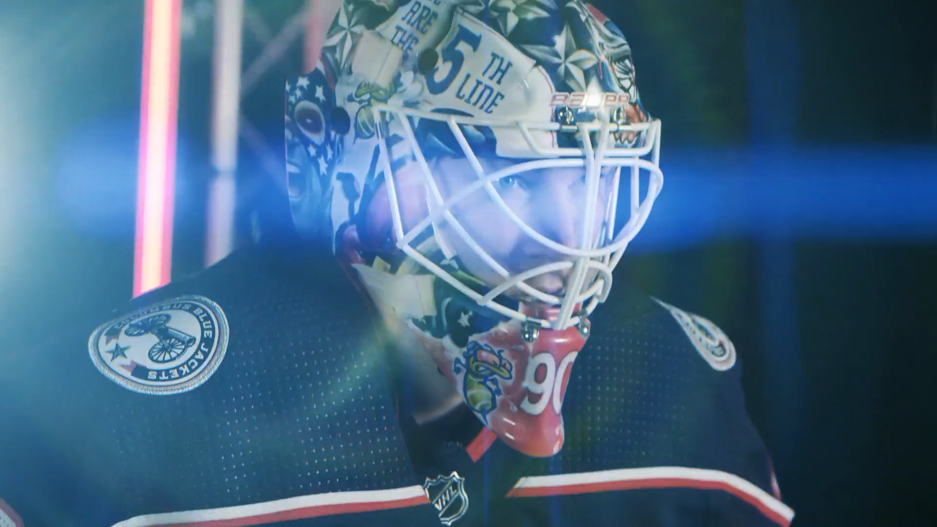 Hockey player with decorated helmet