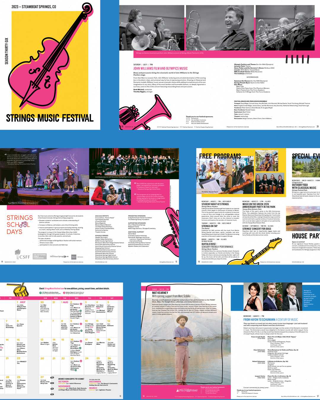 Strings music festival program art laid out on blue background