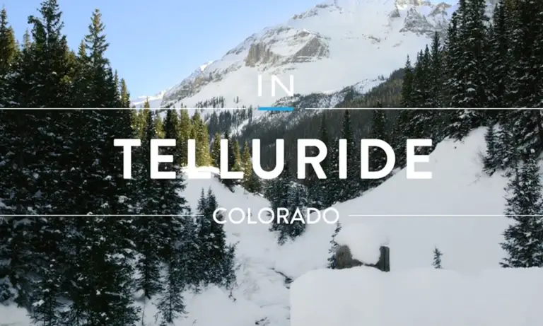 in telluride Colorado text overlay over top mountain image