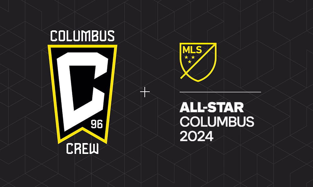 Columbus Crew logo and MLS All-Star Columbus 2024 event emblem on a geometric background.