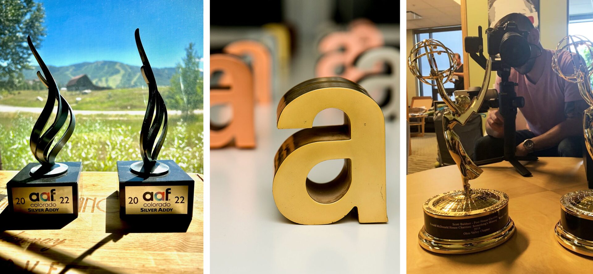 three images showing awards that SDA-PHC won, including AAF (addy awards) adn emmy awards